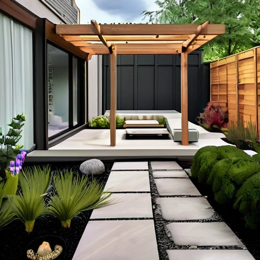 Stylish and functional garden with diverse greenery, pathways, seating area, pond, and landscape lighting
