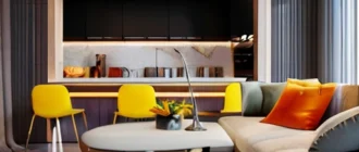 Interieur design with a mix of classic and high-tech styles, modern furniture, and contemporary decor elements.