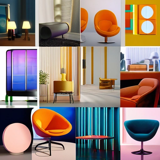 Collage of various interior design styles showcasing distinctive elements such as vintage furniture, geometric patterns, sleek modern surfaces, industrial materials, and futuristic accents.