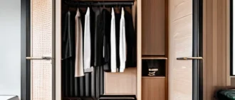 Stylish and functional wardrobe design in a small apartment, showcasing efficient use of space with modular storage and modern materials
