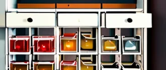 Organized small storage closet with modular shelving, labeled containers, and space-saving solutions