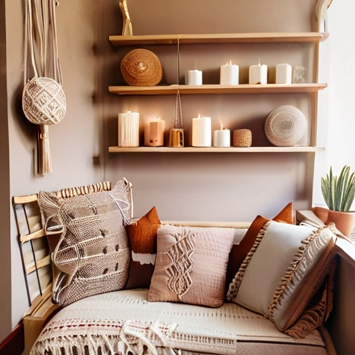 Handmade home decor accessories including cushions, macrame art, candles, and textile panels enriching a cozy living space